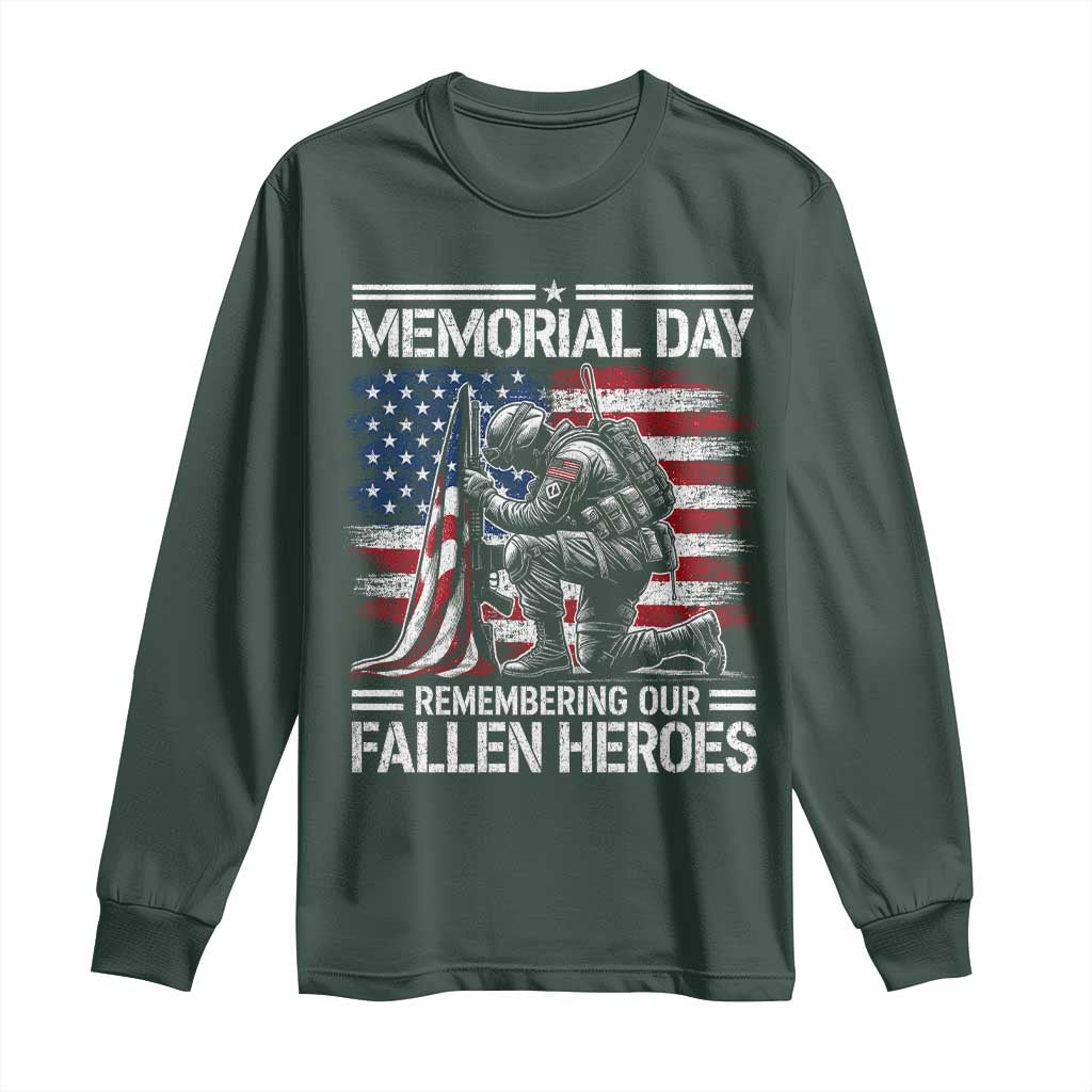 Memorial Day Long Sleeve Shirt Remembering Our Fallen Heroes Veteran Day American Flag TS11 Dark Forest Green Print Your Wear