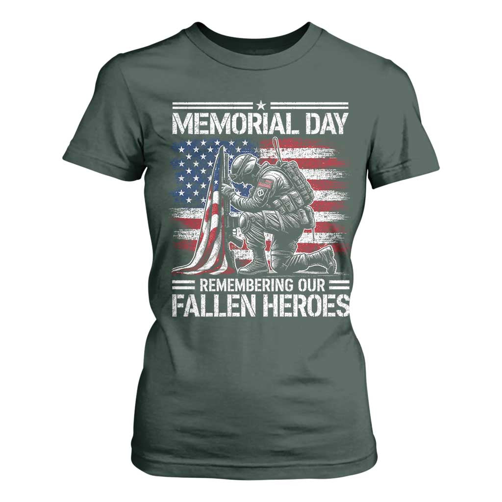 Memorial Day T Shirt For Women Remembering Our Fallen Heroes Veteran Day American Flag TS11 Dark Forest Green Print Your Wear