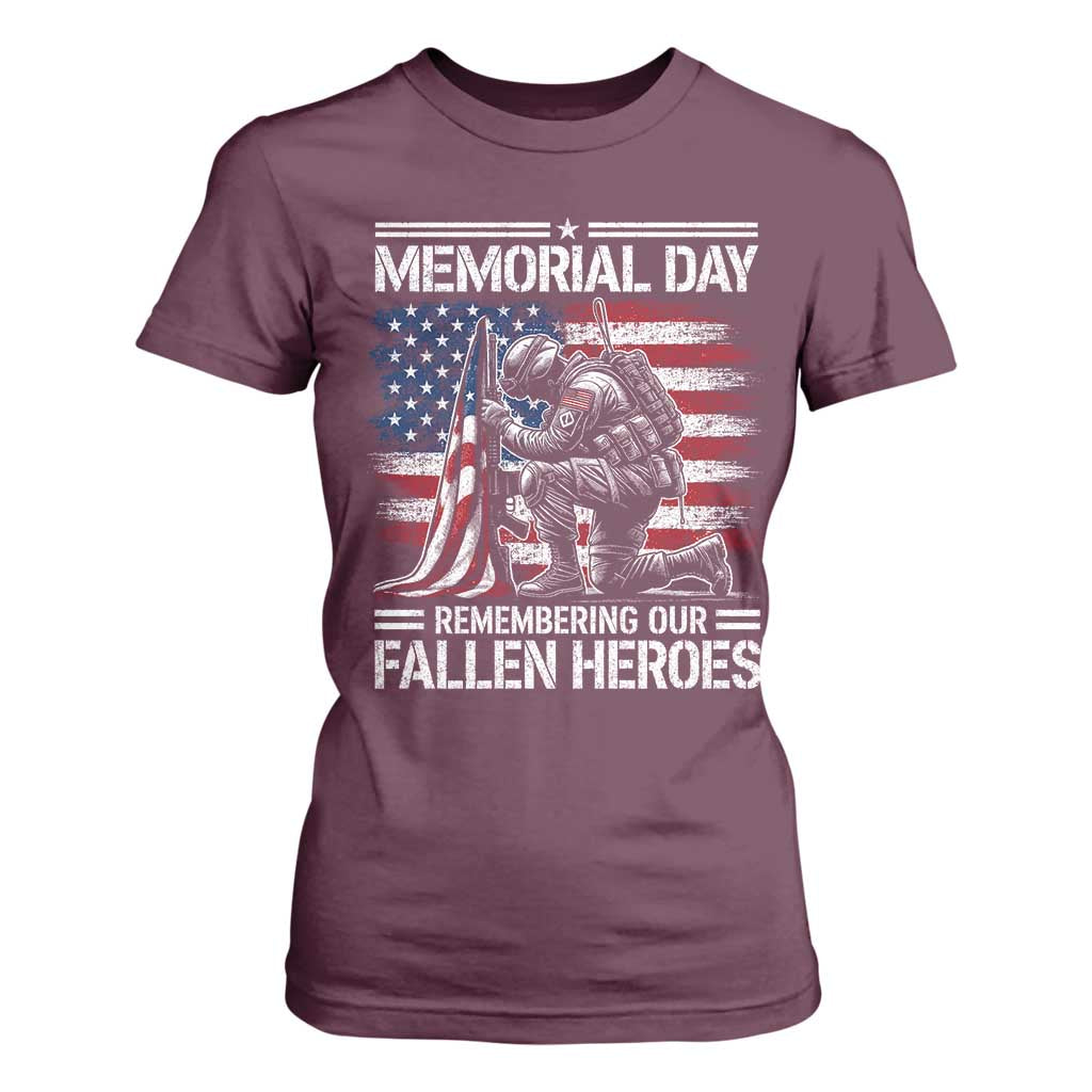 Memorial Day T Shirt For Women Remembering Our Fallen Heroes Veteran Day American Flag TS11 Maroon Print Your Wear