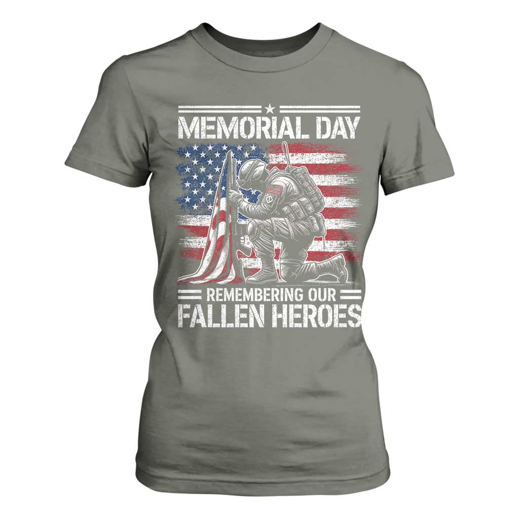 Memorial Day T Shirt For Women Remembering Our Fallen Heroes Veteran Day American Flag TS11 Military Green Print Your Wear