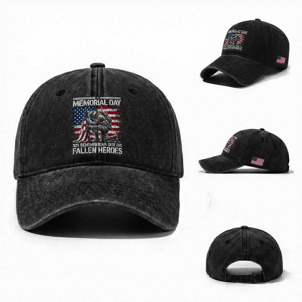 Memorial Day Washed Cotton Baseball Cap Remembering Our Fallen Heroes Veteran Day American Flag TS11 Washed Cap Universal Fit Black Print Your Wear