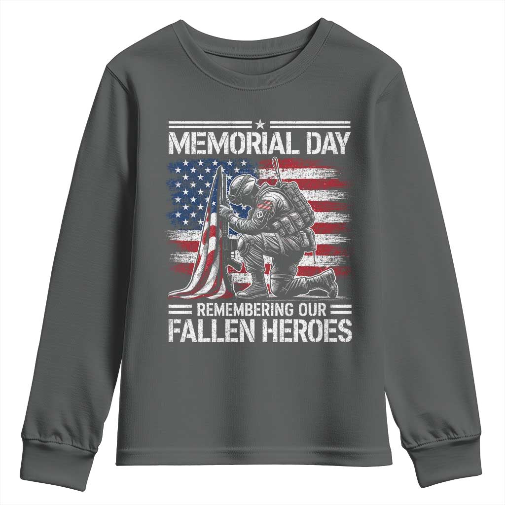 Memorial Day Youth Sweatshirt Remembering Our Fallen Heroes Veteran Day American Flag TS11 Dark Heather Print Your Wear