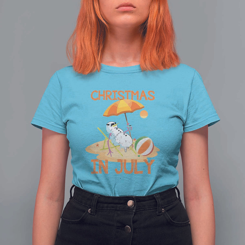 Funny Christmas In July T Shirt For Women Snowman Summer Vacation Cocktails Beach TS11 Sky Print Your Wear