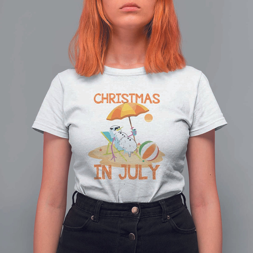Funny Christmas In July T Shirt For Women Snowman Summer Vacation Cocktails Beach TS11 White Print Your Wear