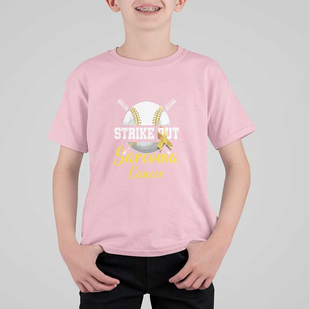 Strike Out Sarcoma Cancer T Shirt For Kid Baseball Fight Awareness Yellow Ribbon TS11 Light Pink Print Your Wear