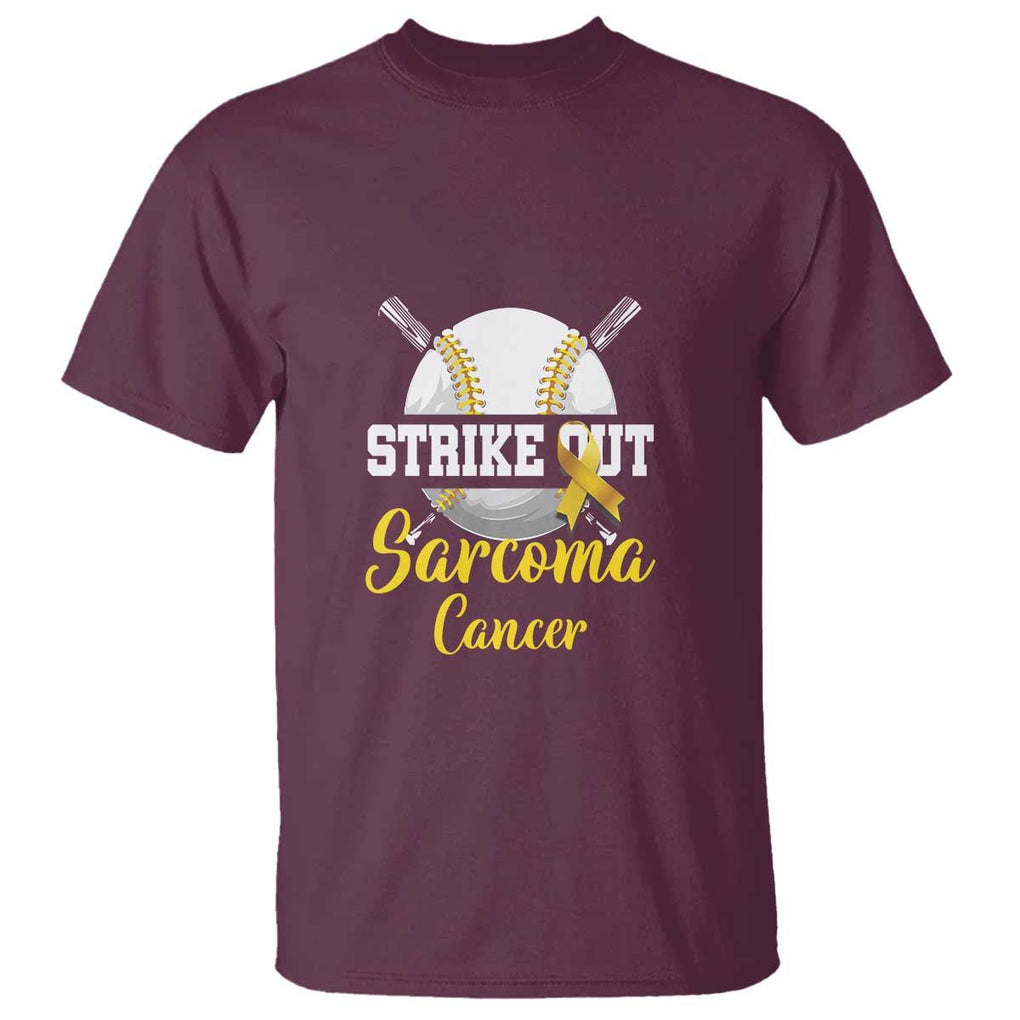 Strike Out Sarcoma Cancer T Shirt Baseball Fight Awareness Yellow Ribbon TS11 Maroon Print Your Wear