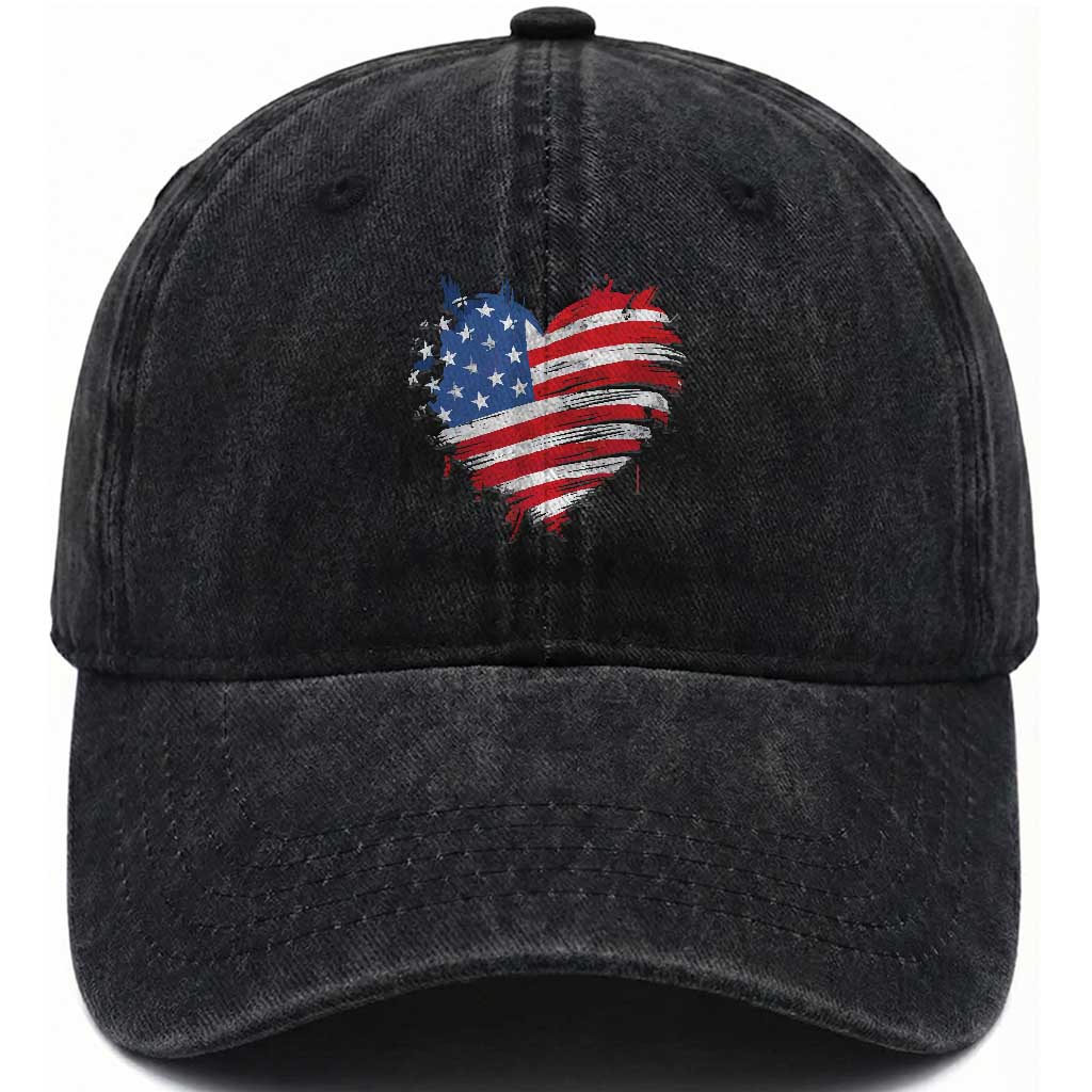 4th of July American Flag Heart USA Patriotic Washed Cotton Baseball Cap Star Stripes TS11 Washed Cap Universal Fit Black Print Your Wear