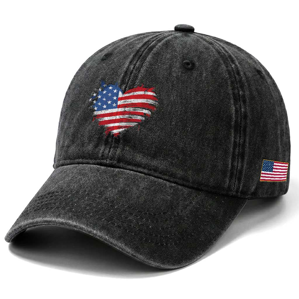 4th of July American Flag Heart USA Patriotic Washed Cotton Baseball Cap Star Stripes TS11 Print Your Wear