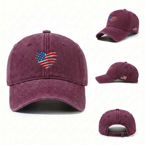 4th of July American Flag Heart USA Patriotic Washed Cotton Baseball Cap Star Stripes TS11 Washed Cap Universal Fit Burgundy Print Your Wear