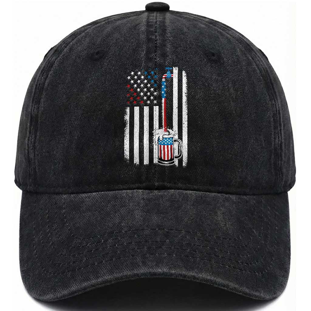 Funny Pouring Beer American Flag 4th Of July Craft Brewery Washed Cotton Baseball Cap TS11 Washed Cap Universal Fit Black Print Your Wear