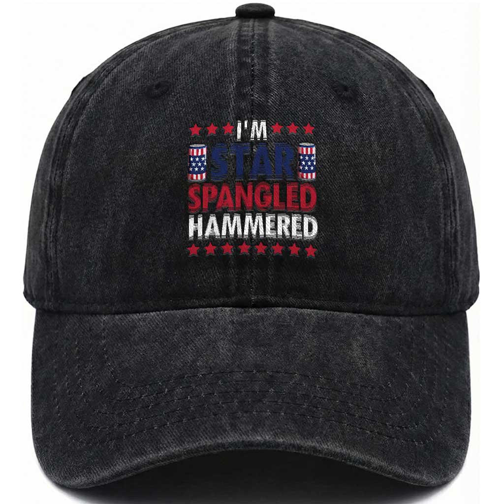 Funny 4th Of July Beer Drinking Lover Washed Cotton Baseball Cap I'm Star Spangled Hammered TS11 Washed Cap Universal Fit Black Print Your Wear