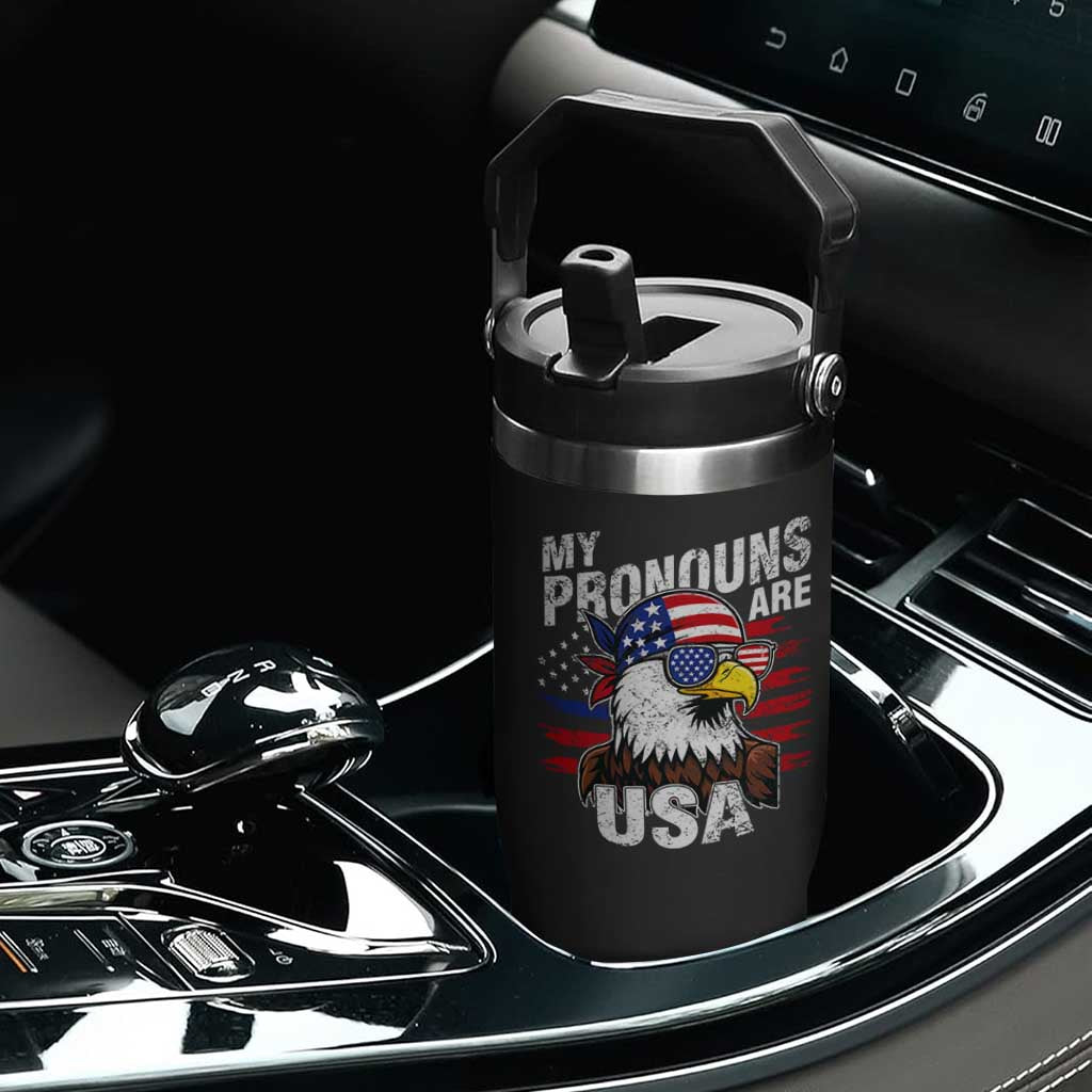 Funny My Pronouns Are USA 4th of July Flip Straw Tumbler Patriotic Eagle American Flag TS11 Print Your Wear