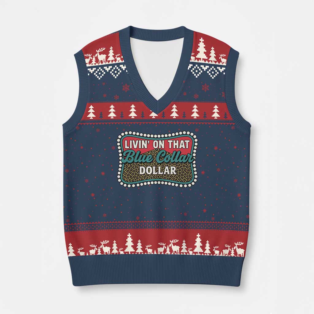 Living On That Blue Collar Dollar V-Neck Knit Sweater Vest Leopard Print TS11 Navy Red Print Your Wear