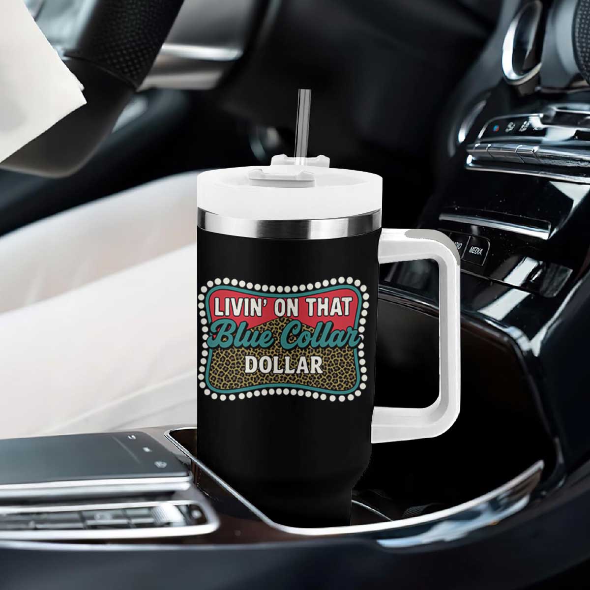 Living On That Blue Collar Dollar Tumbler With Handle Leopard Print TS11 Print Your Wear