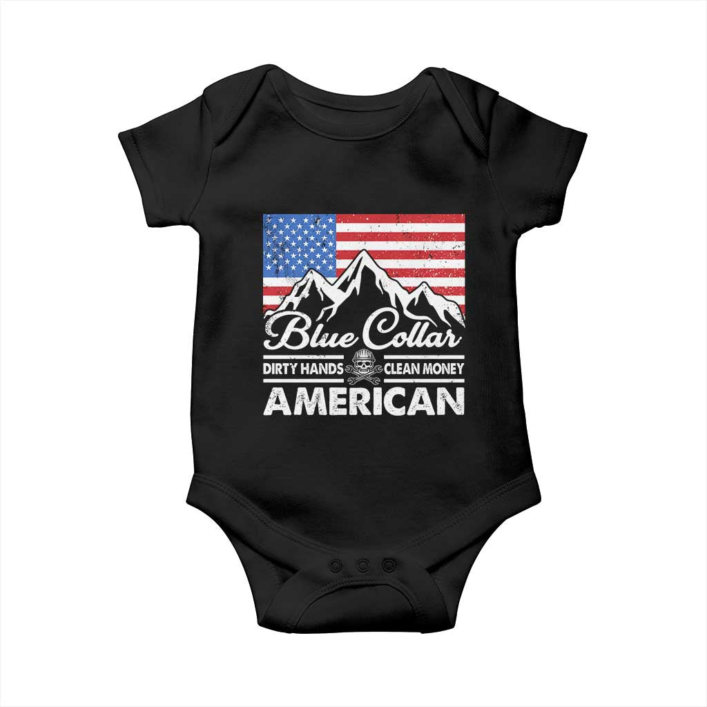 Blue Collar American Baby Onesie Dirty Hands Clean Money Vintage American Flag Mountain TS11 Black Print Your Wear