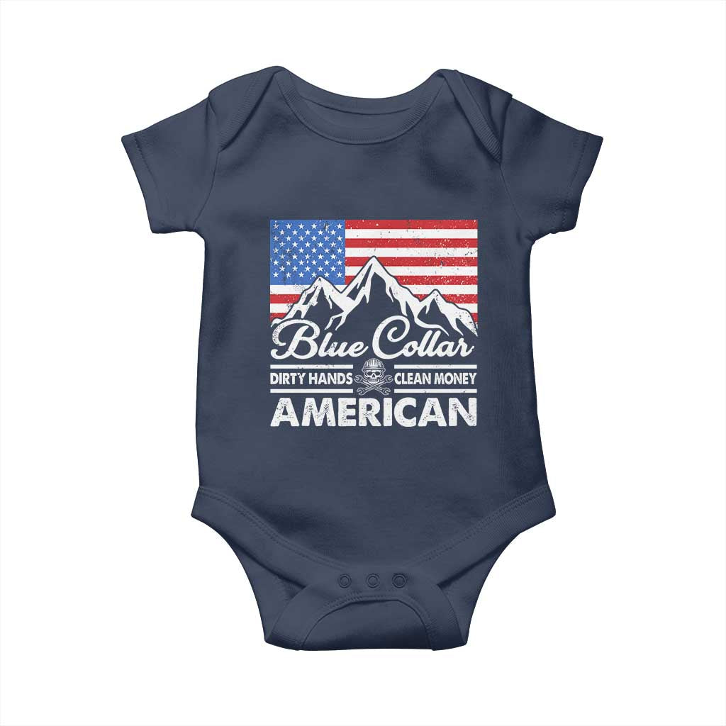 Blue Collar American Baby Onesie Dirty Hands Clean Money Vintage American Flag Mountain TS11 Navy Print Your Wear