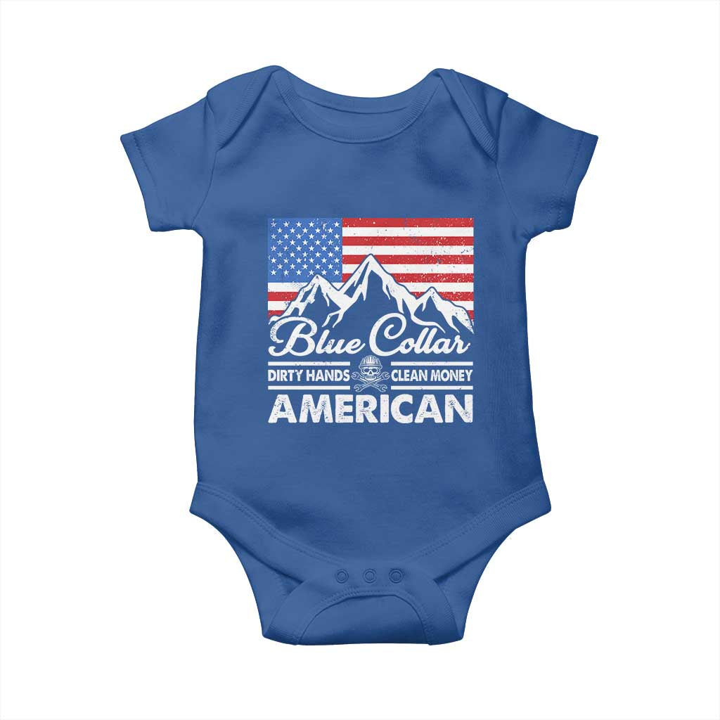 Blue Collar American Baby Onesie Dirty Hands Clean Money Vintage American Flag Mountain TS11 Royal Blue Print Your Wear