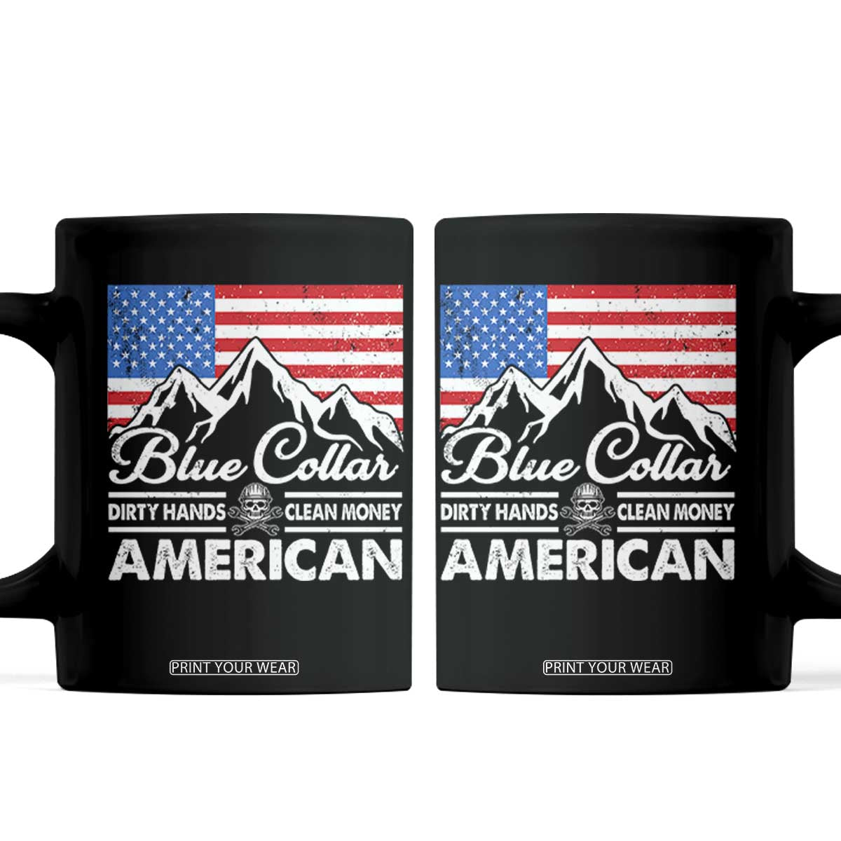 Blue Collar American Coffee Mug Dirty Hands Clean Money Vintage American Flag Mountain TS11 Black Print Your Wear