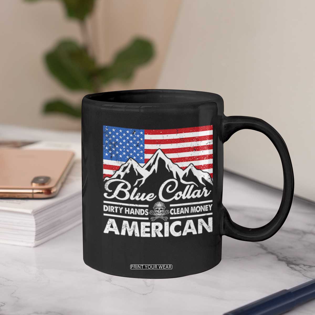 Blue Collar American Coffee Mug Dirty Hands Clean Money Vintage American Flag Mountain TS11 Print Your Wear