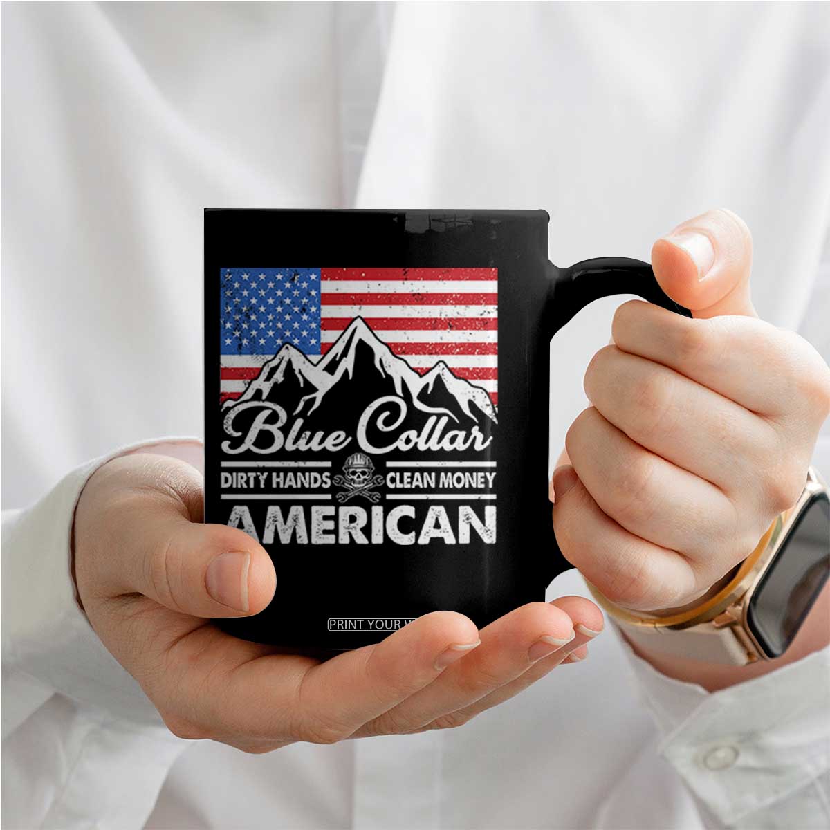 Blue Collar American Coffee Mug Dirty Hands Clean Money Vintage American Flag Mountain TS11 Print Your Wear