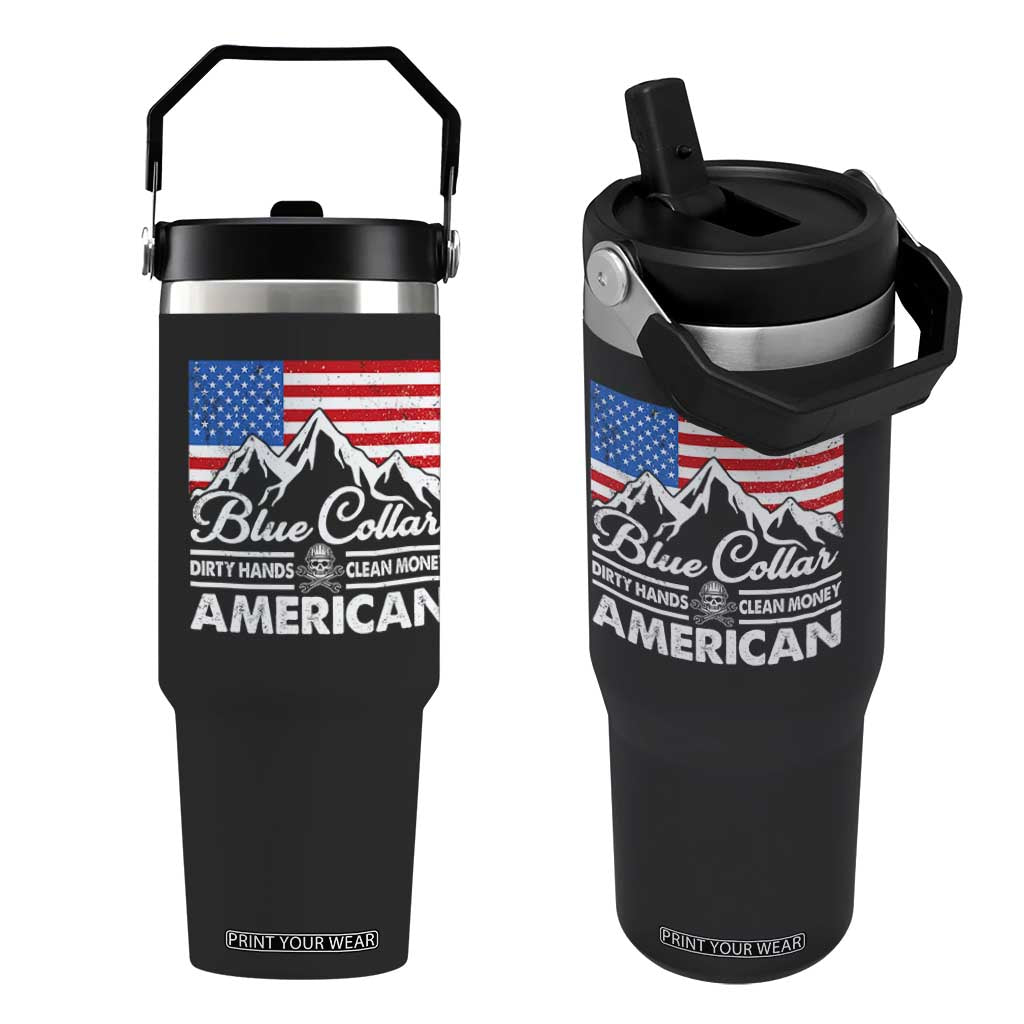 Blue Collar American Flip Straw Tumbler Dirty Hands Clean Money Vintage American Flag Mountain TS11 One Size: 30 oz Black Print Your Wear