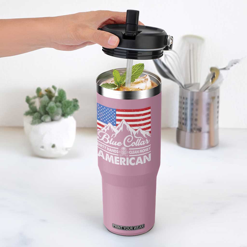 Blue Collar American Flip Straw Tumbler Dirty Hands Clean Money Vintage American Flag Mountain TS11 One Size: 30 oz Light Pink Print Your Wear