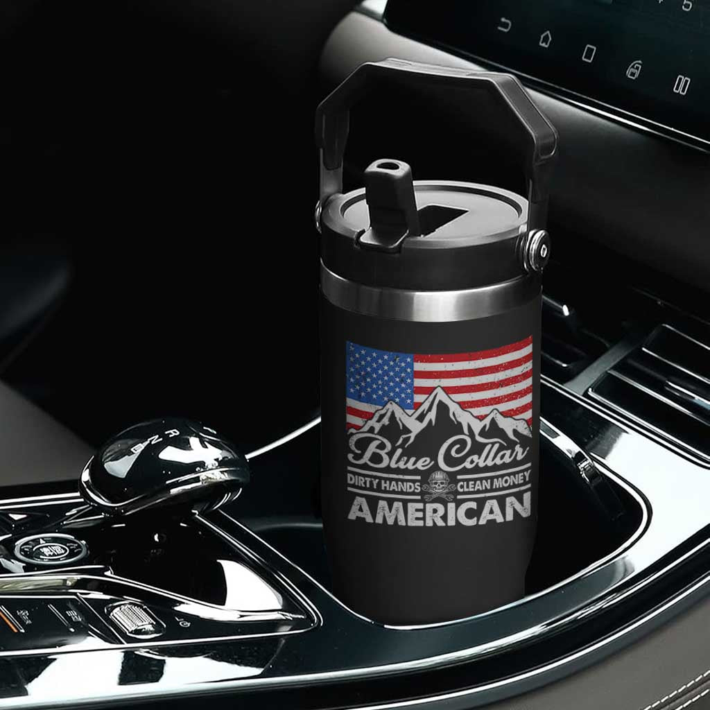 Blue Collar American Flip Straw Tumbler Dirty Hands Clean Money Vintage American Flag Mountain TS11 Print Your Wear