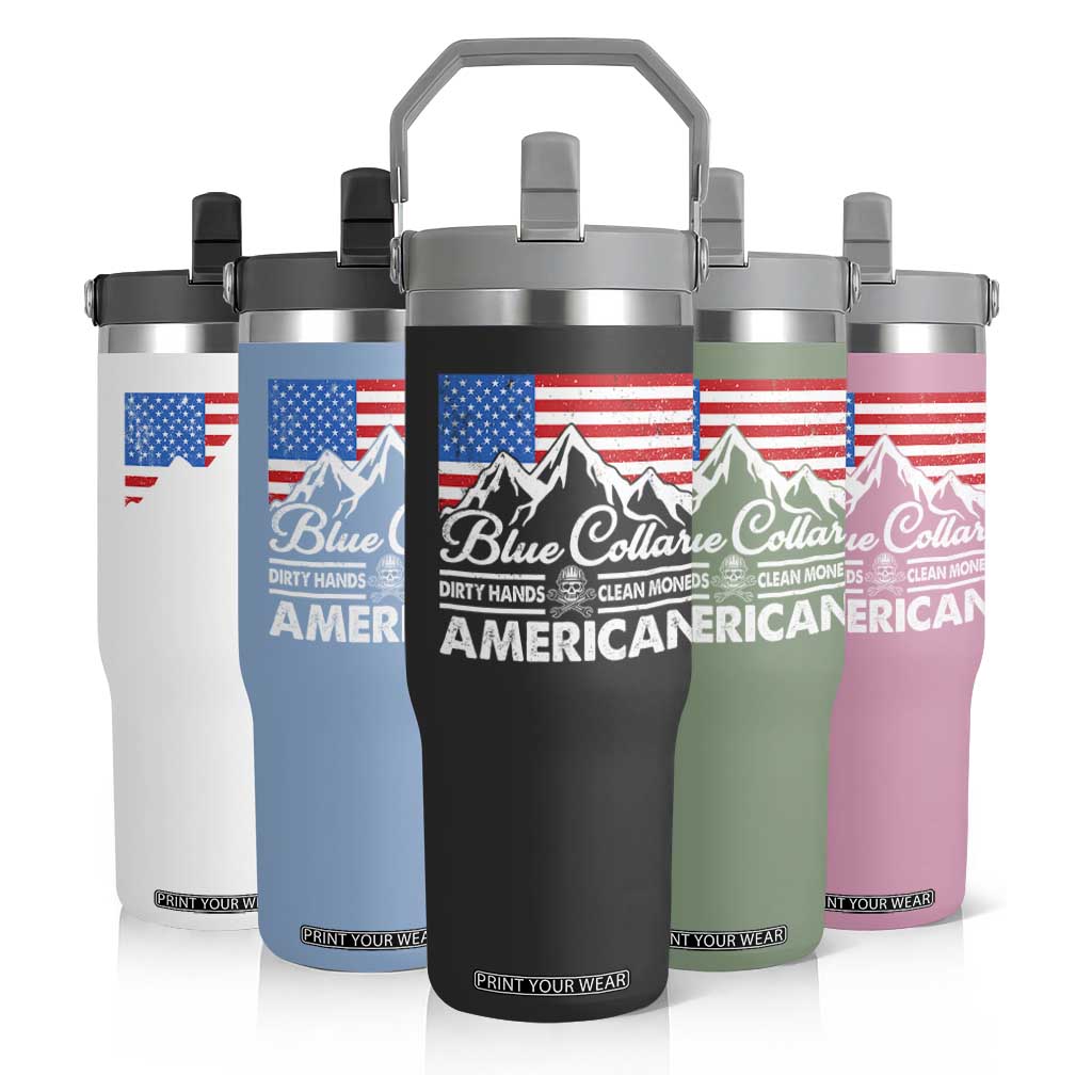 Blue Collar American Flip Straw Tumbler Dirty Hands Clean Money Vintage American Flag Mountain TS11 Print Your Wear