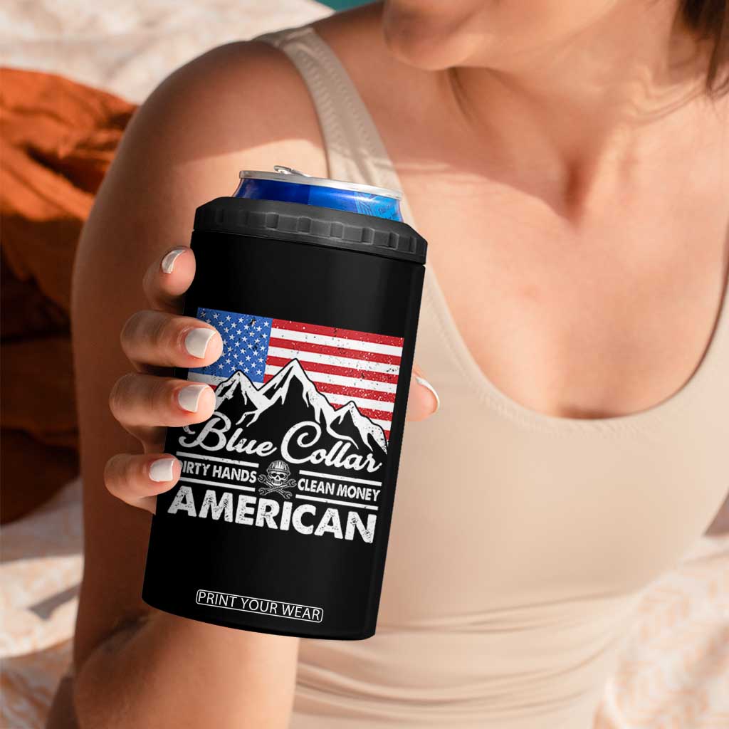 Blue Collar American 4 in 1 Can Cooler Tumbler Dirty Hands Clean Money Vintage American Flag Mountain TS11 Print Your Wear