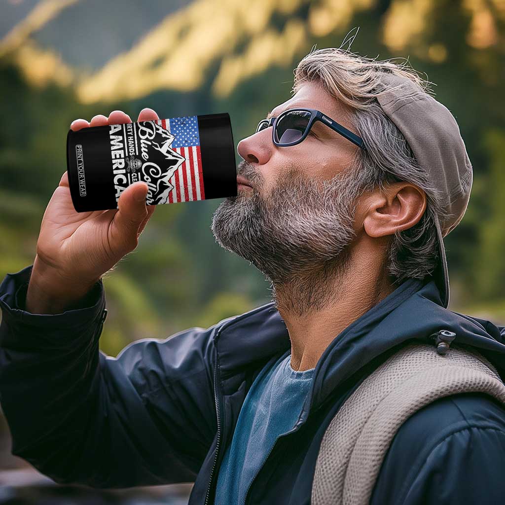 Blue Collar American 4 in 1 Can Cooler Tumbler Dirty Hands Clean Money Vintage American Flag Mountain TS11 Print Your Wear