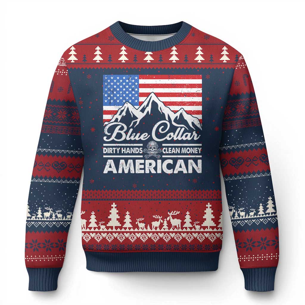Blue Collar American Ugly Christmas Sweater Dirty Hands Clean Money Vintage American Flag Mountain TS11 Navy Red Print Your Wear