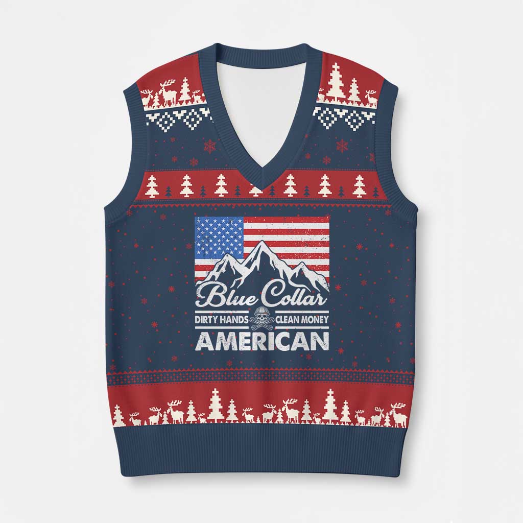 Blue Collar American V-Neck Knit Sweater Vest Dirty Hands Clean Money Vintage American Flag Mountain - Print Your Wear