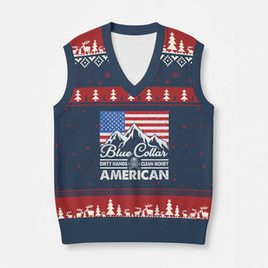 Blue Collar American V-Neck Knit Sweater Vest Dirty Hands Clean Money Vintage American Flag Mountain - Print Your Wear