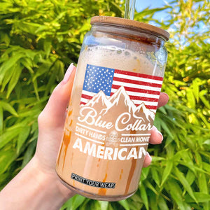 Blue Collar American Glass Can Dirty Hands Clean Money Vintage American Flag Mountain TS11 Black Print Your Wear
