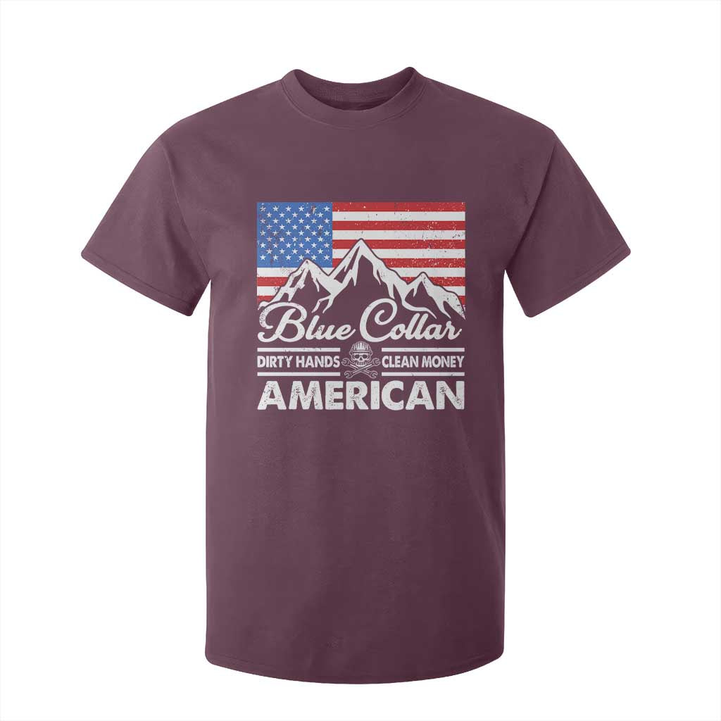Blue Collar American T Shirt For Kid Dirty Hands Clean Money Vintage American Flag Mountain TS11 Maroon Print Your Wear