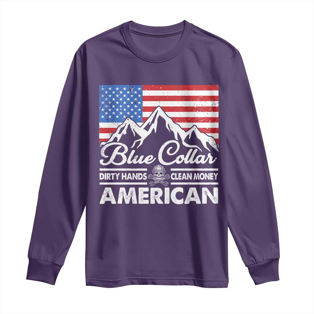 Blue Collar American Long Sleeve Shirt Dirty Hands Clean Money Vintage American Flag Mountain TS11 Purple Print Your Wear
