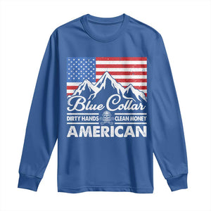Blue Collar American Long Sleeve Shirt Dirty Hands Clean Money Vintage American Flag Mountain TS11 Royal Blue Print Your Wear