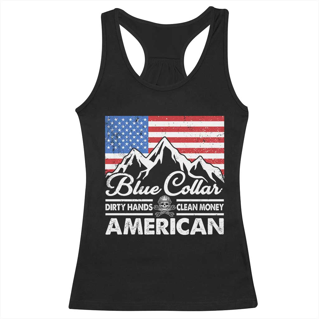 Blue Collar American Racerback Tank Top Dirty Hands Clean Money Vintage American Flag Mountain TS11 Black Print Your Wear