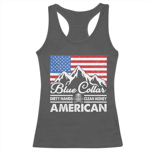 Blue Collar American Racerback Tank Top Dirty Hands Clean Money Vintage American Flag Mountain TS11 Dark Heather Print Your Wear