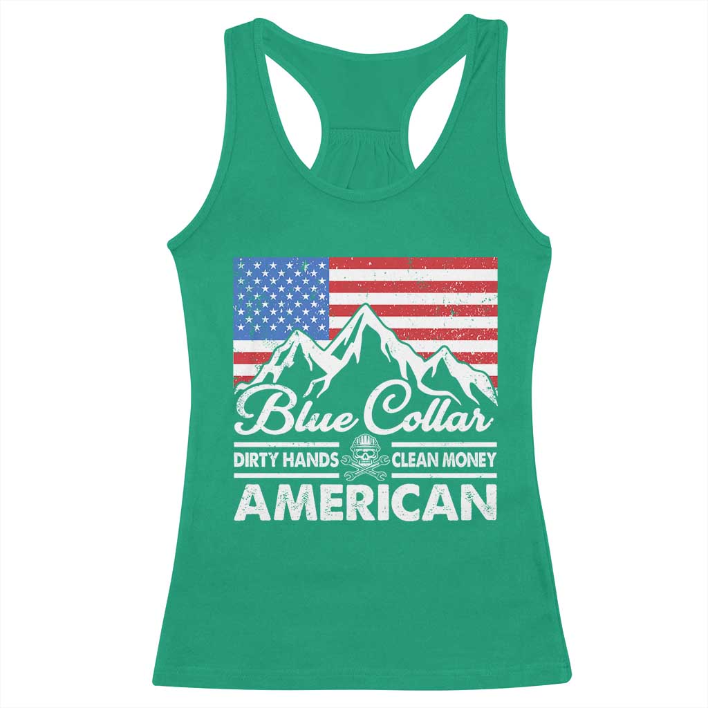 Blue Collar American Racerback Tank Top Dirty Hands Clean Money Vintage American Flag Mountain TS11 Irish Green Print Your Wear