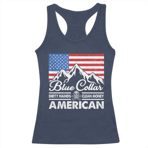Blue Collar American Racerback Tank Top Dirty Hands Clean Money Vintage American Flag Mountain TS11 Navy Print Your Wear