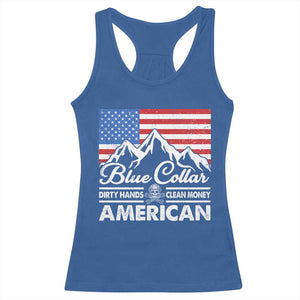 Blue Collar American Racerback Tank Top Dirty Hands Clean Money Vintage American Flag Mountain TS11 Royal Blue Print Your Wear