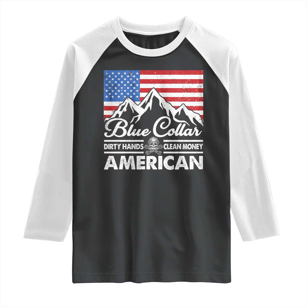 Blue Collar American Raglan Shirt Dirty Hands Clean Money Vintage American Flag Mountain TS11 Black White Print Your Wear