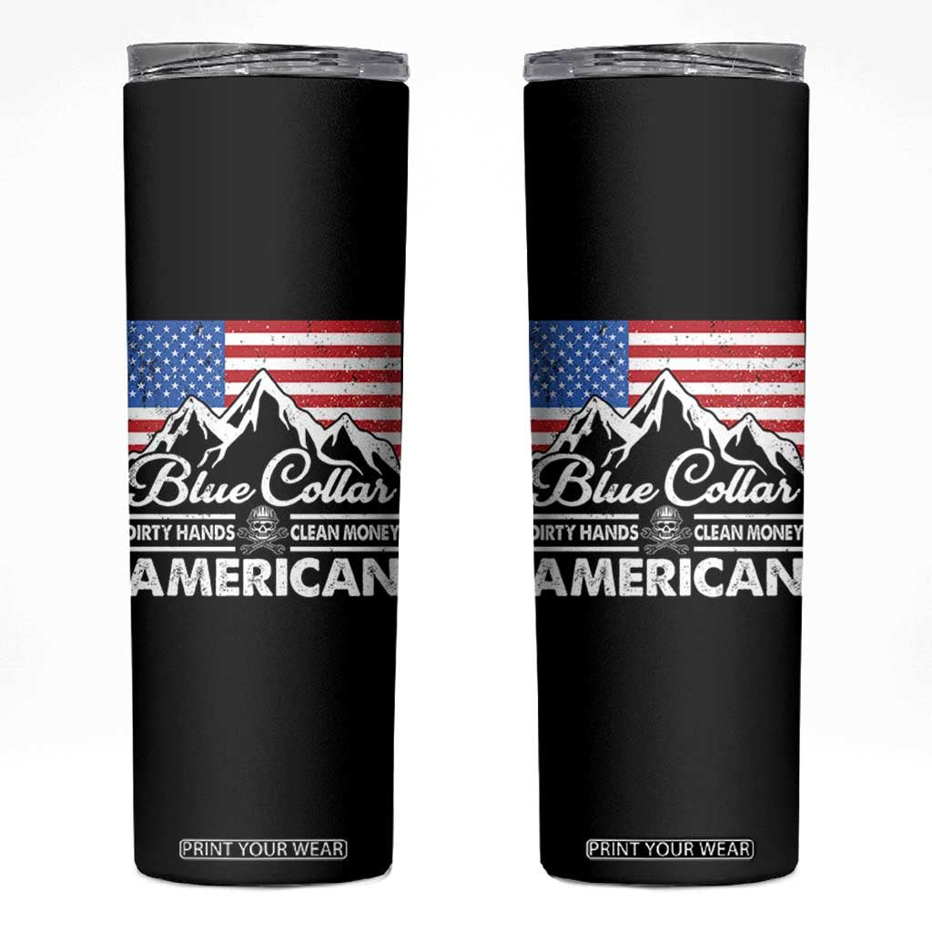 Blue Collar American Skinny Tumbler Dirty Hands Clean Money Vintage American Flag Mountain TS11 Black Print Your Wear
