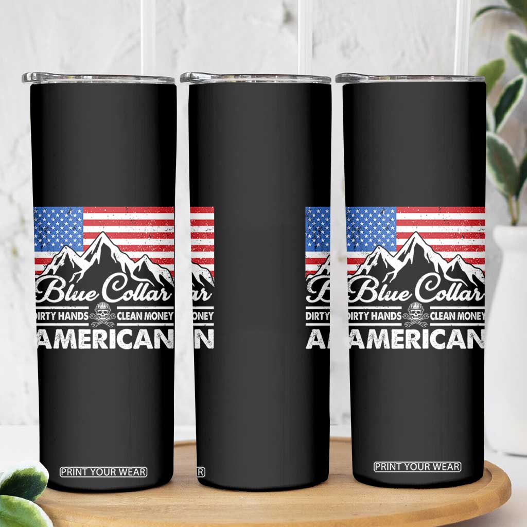 Blue Collar American Skinny Tumbler Dirty Hands Clean Money Vintage American Flag Mountain TS11 Print Your Wear