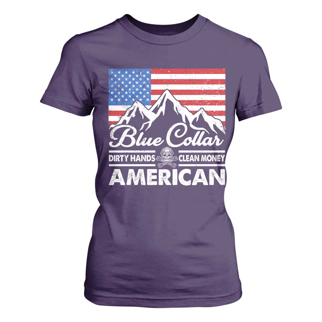 Blue Collar American T Shirt For Women Dirty Hands Clean Money Vintage American Flag Mountain TS11 Purple Print Your Wear