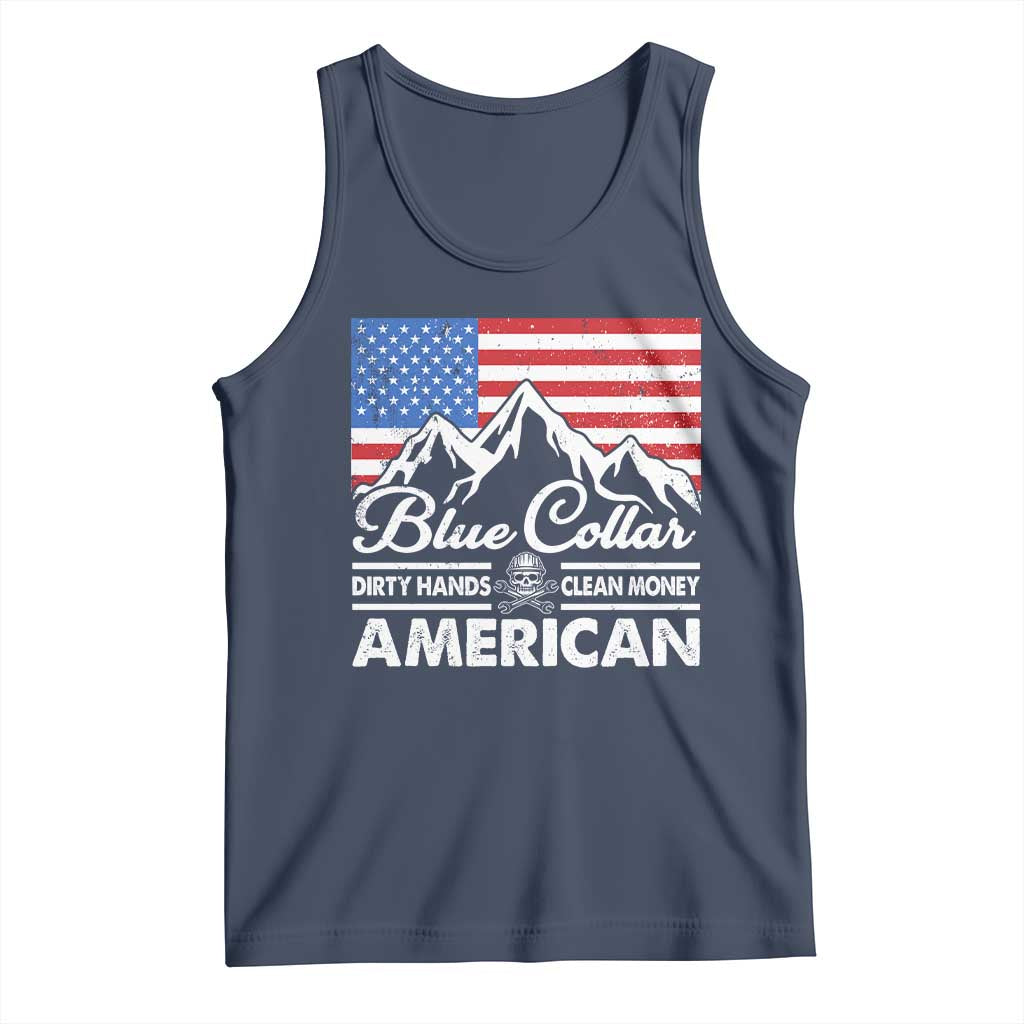 Blue Collar American Tank Top Dirty Hands Clean Money Vintage American Flag Mountain TS11 Navy Print Your Wear