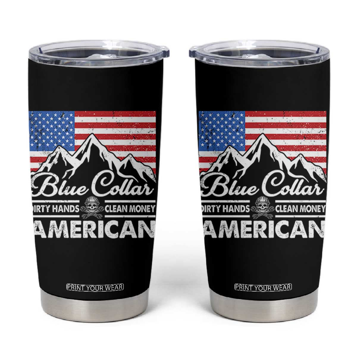 Blue Collar American Tumbler Cup Dirty Hands Clean Money Vintage American Flag Mountain TS11 Black Print Your Wear