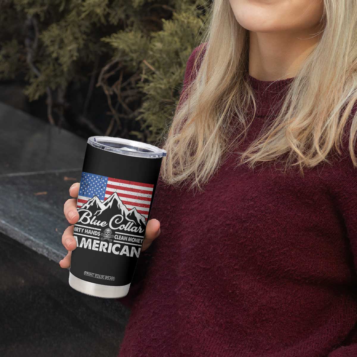 Blue Collar American Tumbler Cup Dirty Hands Clean Money Vintage American Flag Mountain TS11 Print Your Wear