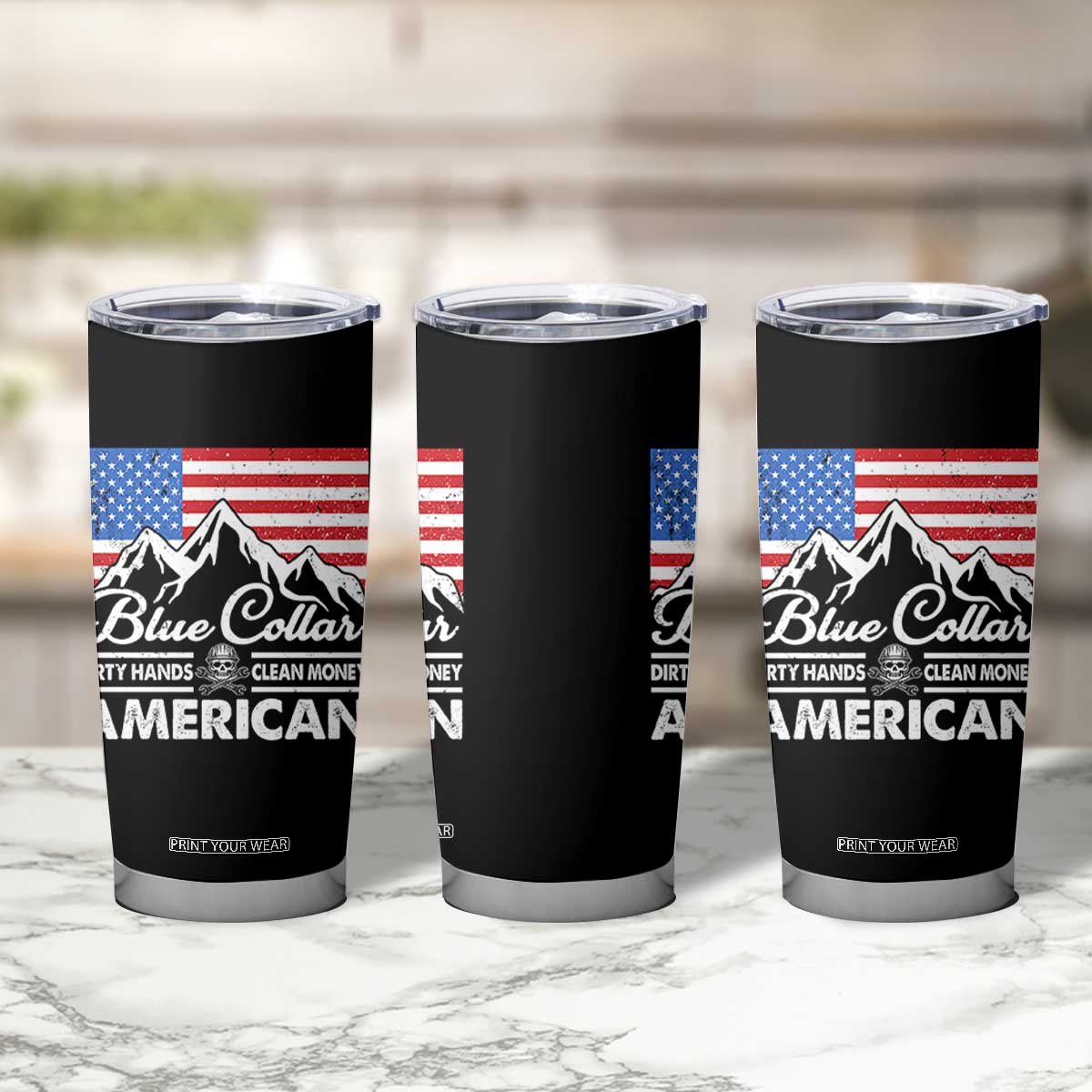 Blue Collar American Tumbler Cup Dirty Hands Clean Money Vintage American Flag Mountain TS11 Print Your Wear